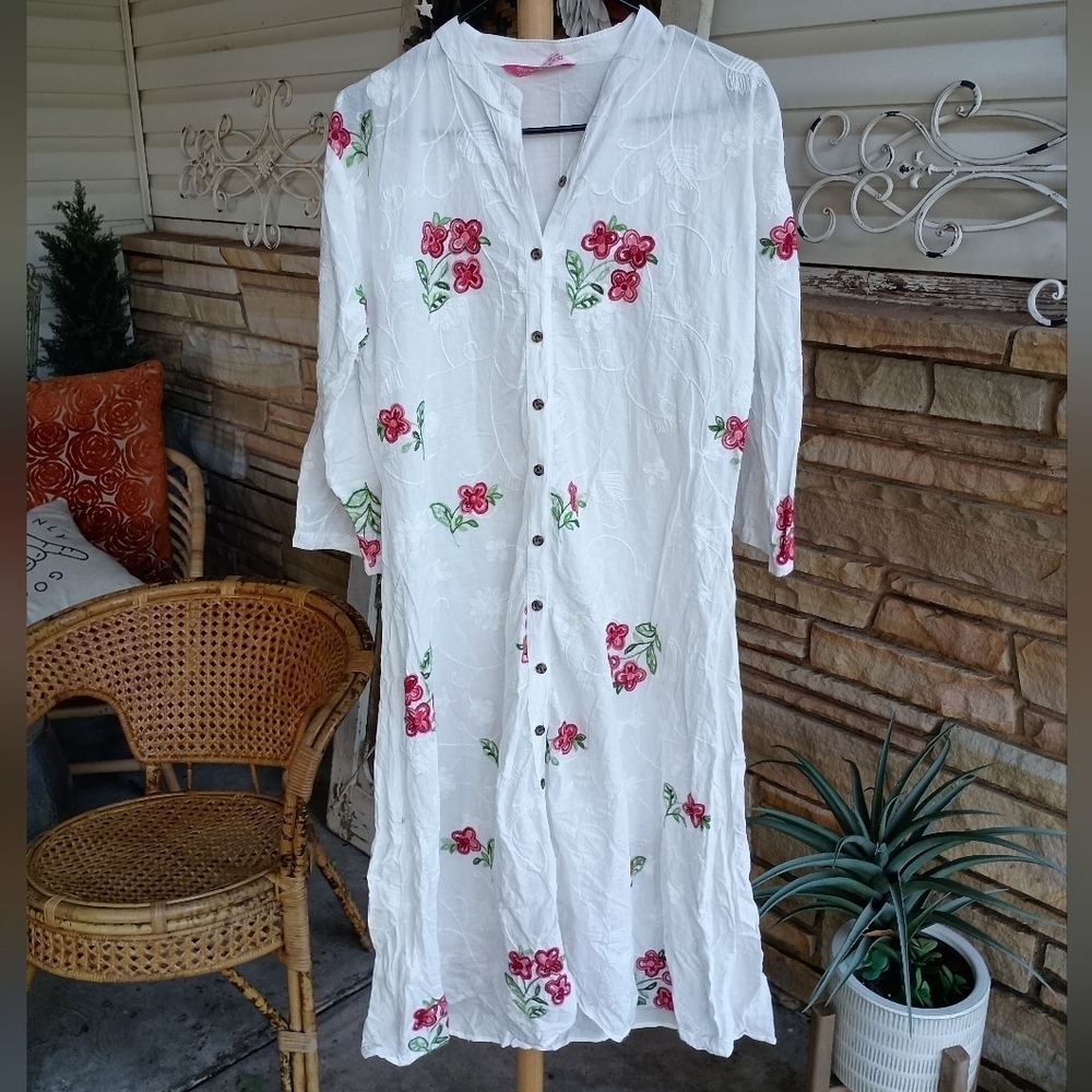 New Tex Floral Button-Down White Dress_XXL